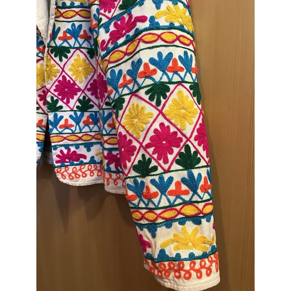 Anu Embroidered Cotton Jacket Womens Small White Multi Floral Boho Open Front - Picture 6 of 12